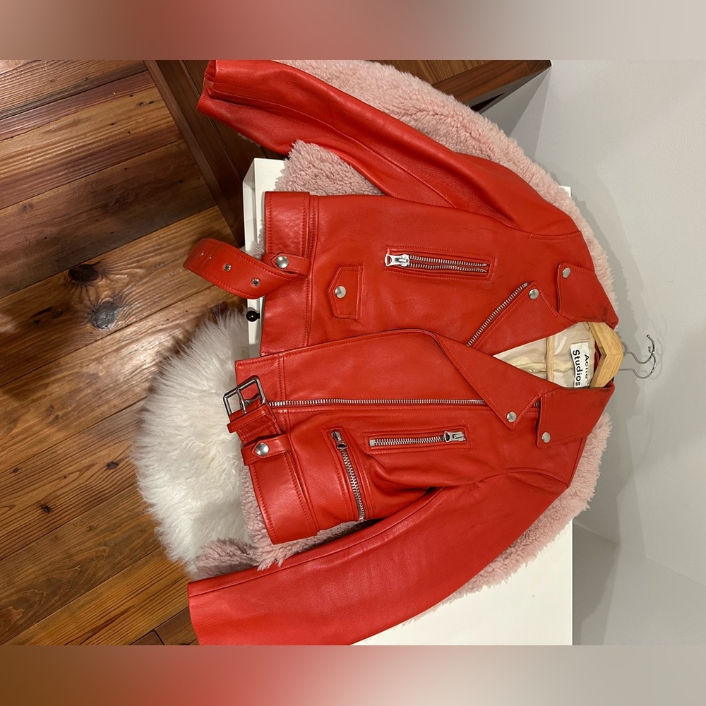 Iconic Acne Studios “Mock” orange leather moto jacket, size 36 - Picture 2 of 5
